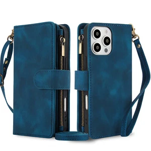 For iPhone 14 15 16 Pro Max XR Leather Wallet Case Card Slot Zipper+Wrist Strap - Picture 1 of 40