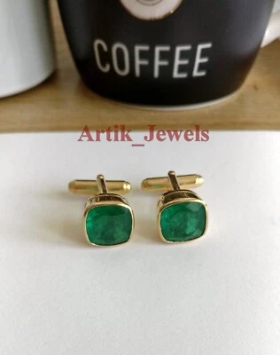 Labor Erstellt Smaragd Edelstein Mit 14K Vergoldet Silber Manschettenknopf #681 - Bild 1 von 4