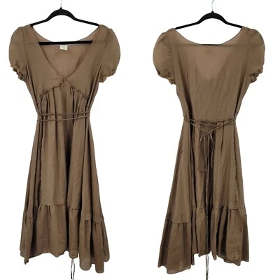 Vintage Brown Midi Peasant Dress Sz XL Silk Puff Sleeve Lettuce Ruffle Baby Doll - Image 1 of 4