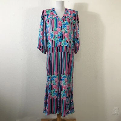 Mayeelok Women's Dress L XL Vintage 80s Floral Multicolor Polyester 3/4 Sleeve - Image 1 of 4