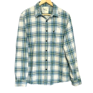 Vintage American Eagle Button Down Top Mens L Blue Plaid Soft Cotton Flannel - Picture 1 of 13