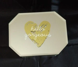 Beveled Mirror Jewelry Trinket Box, Gold Heart & White Stamped "Hello Gorgeous" - Picture 1 of 9