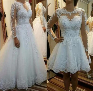 Beaded 2 in 1 A Line Wedding Dresses Handle Detachable Skirt Long Sleeve Lace - Picture 1 of 5