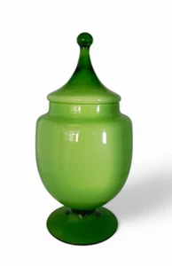 Vtg MCM Lime Green Milky Italian Empoli Glass Pedestal Apothocary Jar Circus Lid - Picture 1 of 24