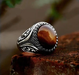 US SELLER Stainless Steel Tiger's Eye Gemstone Simulated Brown RING Mens Size 13 - Picture 1 of 2