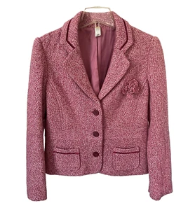 Blazer de lana para mujer talla mediana rosa tweed terciopelo ribete chaqueta de vestir - Imagen 1 de 6