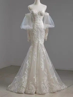 Vestido de noiva estilo francês de renda branca manga comprida fora do ombro sereia - Imagem 1 de 4