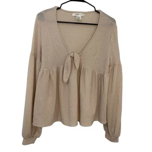 Babydoll de manga larga con corbata delantera tejida gofre beige Passport para mujer talla grande - Imagen 1 de 3