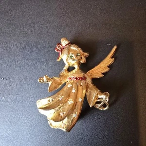 Vintage MYLU Christmas Angel Brooch – Gold Tone, Rhinestones, Peace Charm 2" Pin - Photo 1/18