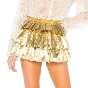 LoveShackAusgefallener Kylie Minirock Miami Glow Gold Lahm Stufen Rüschen Gr. 69 NEU - Bild 1 von 12