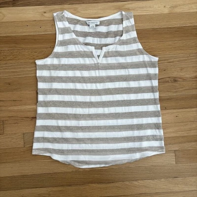 Suéter Liz Claiborne Lino Algodón Sin Mangas Rayas Beige Blanco Grande Costero Foto 1 de 4