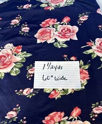 Vintage Italian Fabrics Navy with Pink Roses Stretch soft knit fabric 1 1/2 yard - Image 1 of 4