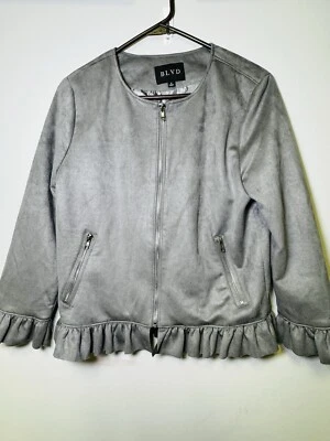 Mujer S Imitación Gamuza Gris Cuero Blazer Chaqueta BLVD Foto 1 de 4