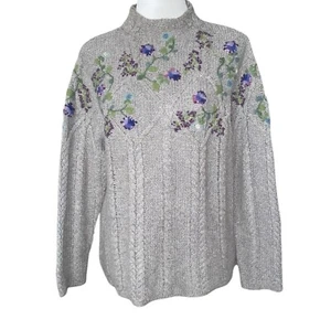 VTG Northern Isles Large Gray Pullover Floral Embroidered Wool Blend Sweater - Picture 1 of 10