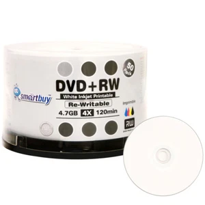 50 Smartbuy DVD+RW 4x 4.7GB White Inkjet Hub Printable Rewritable DVD Disc - Picture 1 of 3