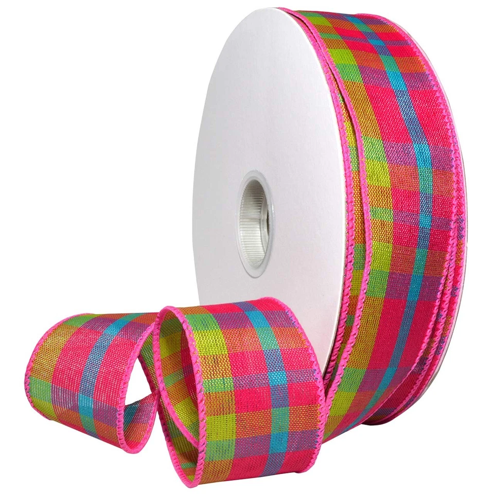 7380 Color Chic Plaid Ribbon, 1.5" x 50 Yd, Shocking Pink and Turquoise - Image 1 of 1