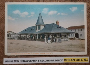 posted 1917 PHILADELPHIA & READING RR DEPOT, OCEAN CITY, N.J Postcard LITHO WB - Picture 1 of 2