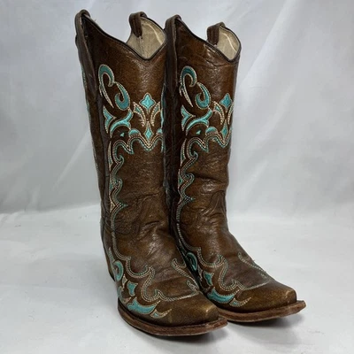 Bota Western Circle G Mujer 9.5 M Marrón/Turquesa Bordada Puntera Cuadrada Usada en Excelente Condición Foto 1 de 4