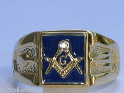 Anel masculino Free Mason Vermeil prata esterlina 925 azul esmalte pedreiro tamanho 8-14 - Imagem 1 de 3