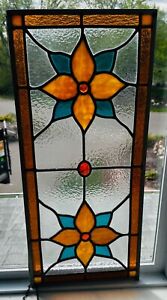 Vintage 12.25"x 28" Large Handcrafted stained glass window panel Flowers Hanging