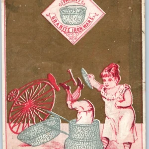 Tarjeta comercial de ferretería de granito de la década de 1880 Penny Farthing esmalte de bicicleta Akron O C45 - Imagen 1 de 4