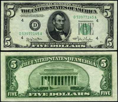 FR. 1961 D $5 1950 Federal Reserve Note Cleveland D-A Block CU Narrow - Image 1 of 3