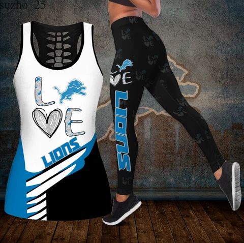Detroit Lions Women Tank Tops Leggings Set 2PCS Butt Lifting Yoga Pants Fan Gift Cover