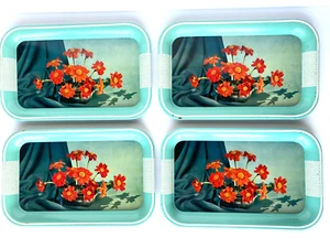 4 Vintage Metal Floral Serving Trays Aqua Orange Flowers 14"x9" Mid Century MCM - Picture 1 of 8