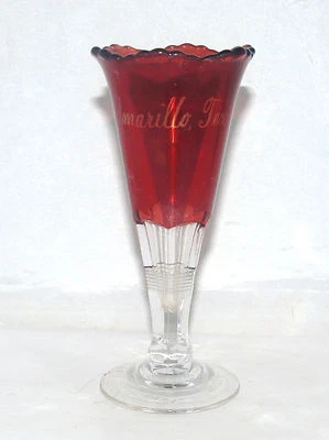 ANTIQUE VICTORIAN AMARILLO TEXAS RUBY FLASHED EAPG GLASS TRUMPET VASE SOUVINER - Image 1 of 4