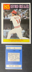 Pete Rose Hit 4192 Reds Padres Ticket Stub 1985 & Topps Card