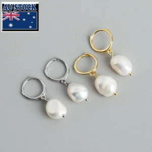Woman REAL S925 Sterling Silver Baroque Pearl Huggie Earring Clip Drop Dangle - Picture 1 of 8