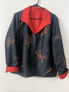 VTG Womens Sz M Handmade Blazer Reversible Black Red Embroidered Artsy Packable - Picture 1 of 10