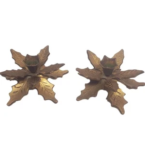 Vintage Pair Set 2 Solid Brass Leaf Leaves Tree Candle Holder India Taper Holley - Picture 1 of 8