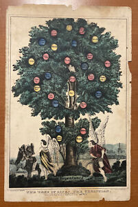 The Tree Of Life Antique Color Litho Print 1840s Angels & Devil J. Baillie 9X14