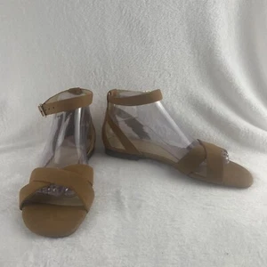Lands End hellbraune Damen-Ledersandalen mit niedrigem Absatz und Knöchelriemen Größe 9,5 Freizeit - Bild 1 von 10