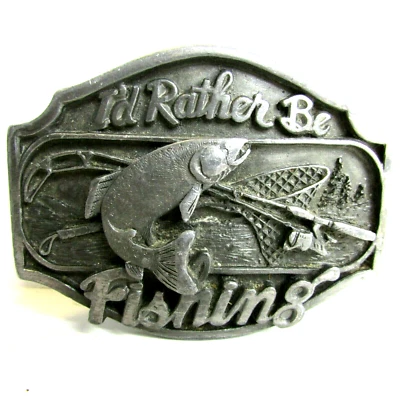 "I'D RATHER BE FISHING" Vintage Arroyo Grande Belt Buckle AG26 USA Pewter Sports - Image 1 of 4