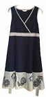 John Rocha Blue Beige Summer Tie Back Cotton Dress, lined Skirt M 12/14