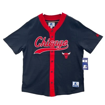 Chicago Bulls Starter Baseball Jersey Mens L Red Black NBA Retro Button Up Shirt - Image 1 of 4