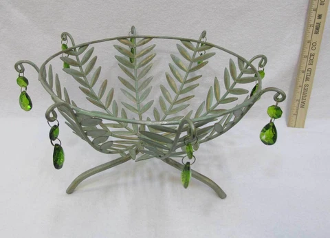 Green Metal Wire Basket Footed Antiqued w/ Glass Crystals Tear Drops Gold Trim Cover