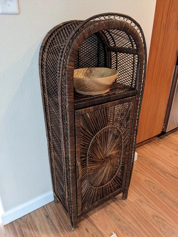 Vintage Mid Century Bohemian Wicker Rattan Small Sunburst Cabinet Etagere MCM Cover