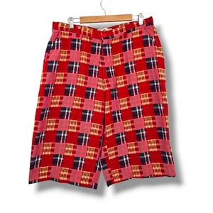 Kanji Jeans Y2K Plaid Shorts Casual Summer Beach Red Multicolor Size 36 - Picture 1 of 9