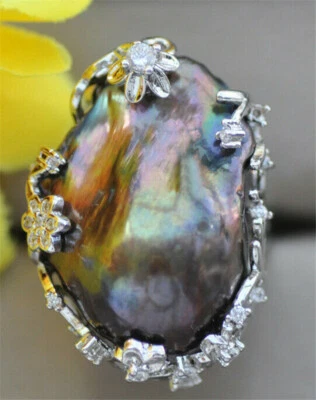 Anillo grande de perlas Keshi barrocas negras pavo real de 30 mm circonita cúbica Foto 1 de 3