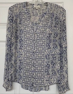 Lucky Brand Blue Print Smocked Trim BoHo Flowy Top Sz XS - Picture 1 of 5