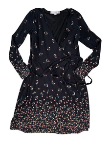 Ann Taylor Loft Black Floral Long Sleeve Round Neck Wrap Dress Women's Size XS - Picture 1 of 24