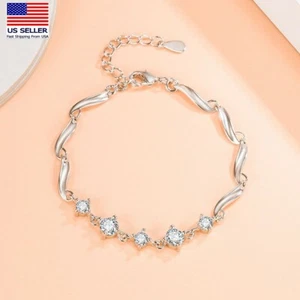 Women 925 Sterling Silver Wrist Crystal Bracelet Abstract Wave Lines Style 0139 - Picture 1 of 3