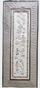 ANTIQUES Asian EMBROIDERED SILK PANEL EMBROIDERY MEN WOMAN FLOWERS BRIDGE 11x27 - Picture 1 of 9