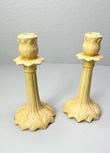 Set of 2 Tall Ceramic Candlestick Holders Williams Sonoma Yellow Gold Cream