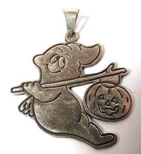 VINTAGE RARE MEXICO STERLING SILVER HALLOWEEN GHOST PUMPKIN PENDANT - Picture 1 of 3