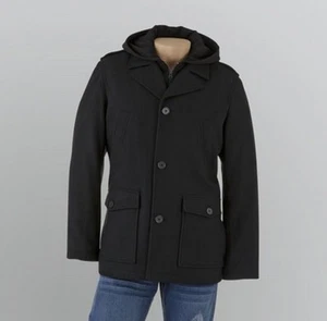 Men's heavy Winter Wool blend long Black coat quilted hooded jacket size XXL$180 - Picture 1 of 4