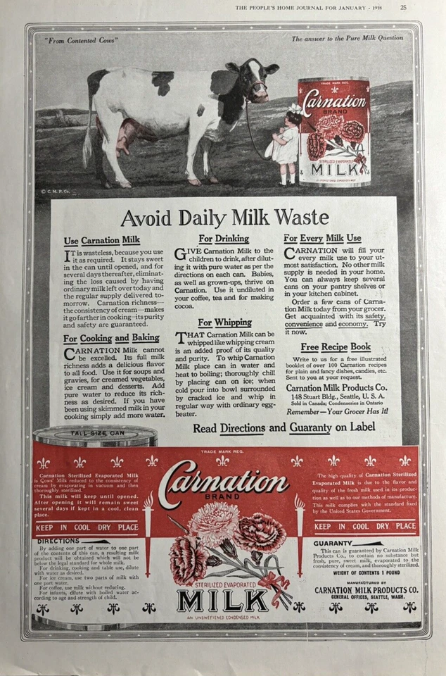 Clavel 1918 esterilizado leche evaporada evitar desperdicio de leche vaca niña anuncio impreso de colección Foto 1 de 1